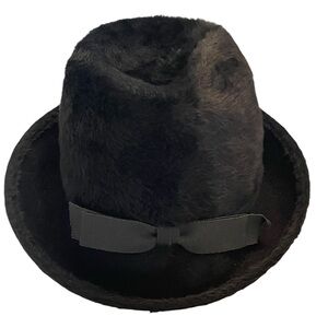 Vintage Randi Black Faux Fur Ladies Fedora Hat with Ribbon Bow Front Accent